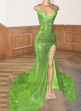 Green Lace Up Gold Halter Back Side Slit Long Sequence Prom Dresses