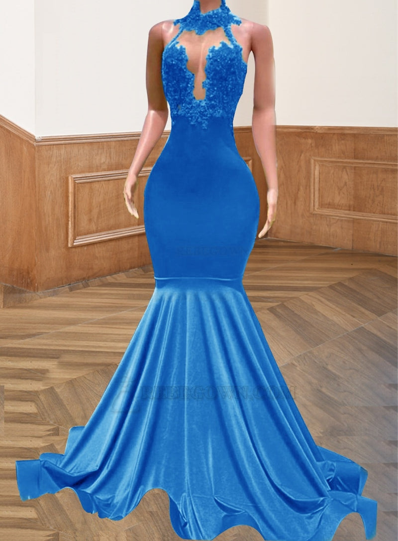 Blue 2027 Sheath/Column Silk Like Satin Beading High Neck Sweep/Brush Train Prom Dresses