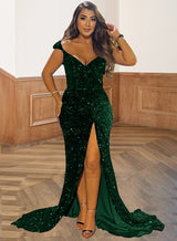 Dark Green Sheath/Column Sequins Off the Shoulder Sleeveless Sweep/Brush Train 2027 Prom Dresses
