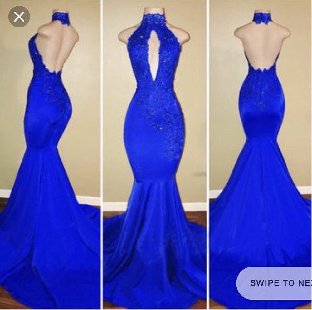 2027 Halter Blue Mermaid Prom Dresses front view