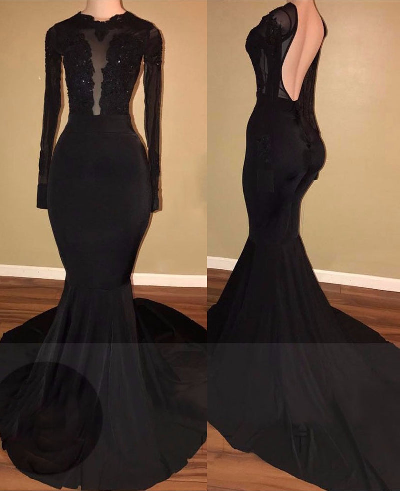 Black 2027 Black Long Sleeves Mermaid Backless Prom Dresses