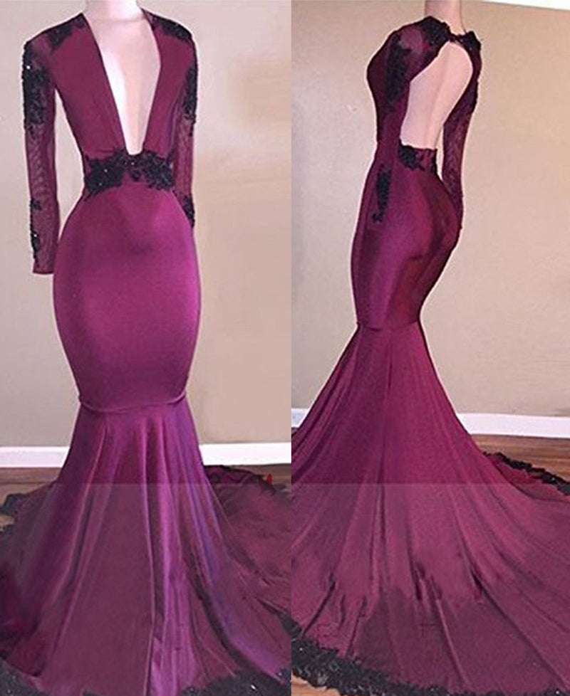 Fuchsia 2027 Fuchsia Deep V Long Sleeves Mermaid Prom Dresses
