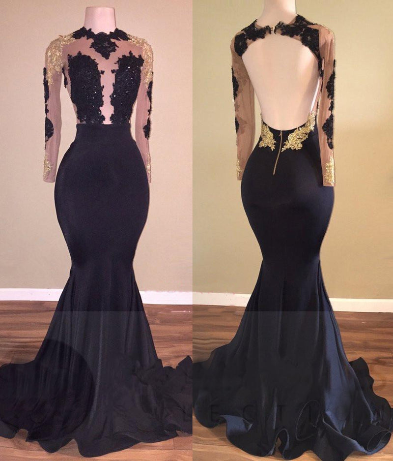 Black 2027 Black Mermaid Backless Long Sleeves Prom Dresses
