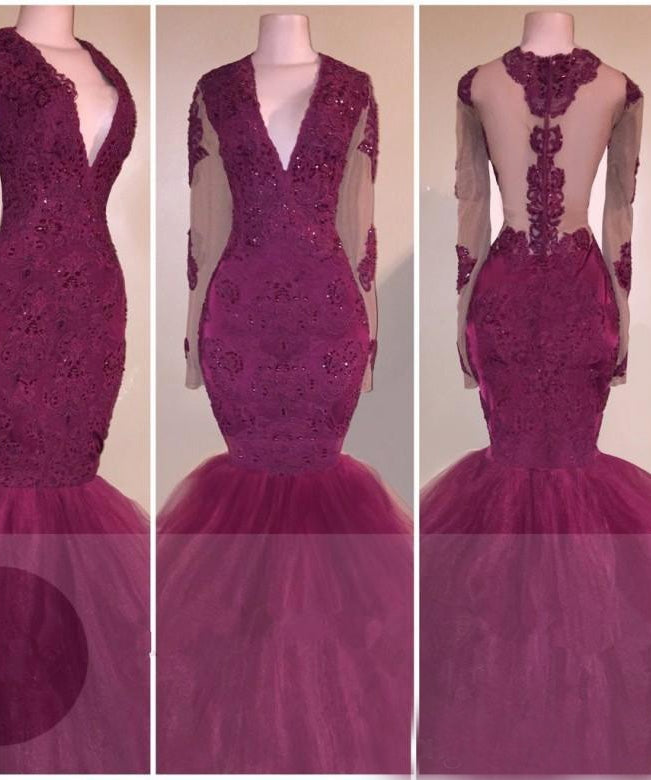 2027 Long Sleeves V-neck Appliques Burgundy Prom Dresses front view