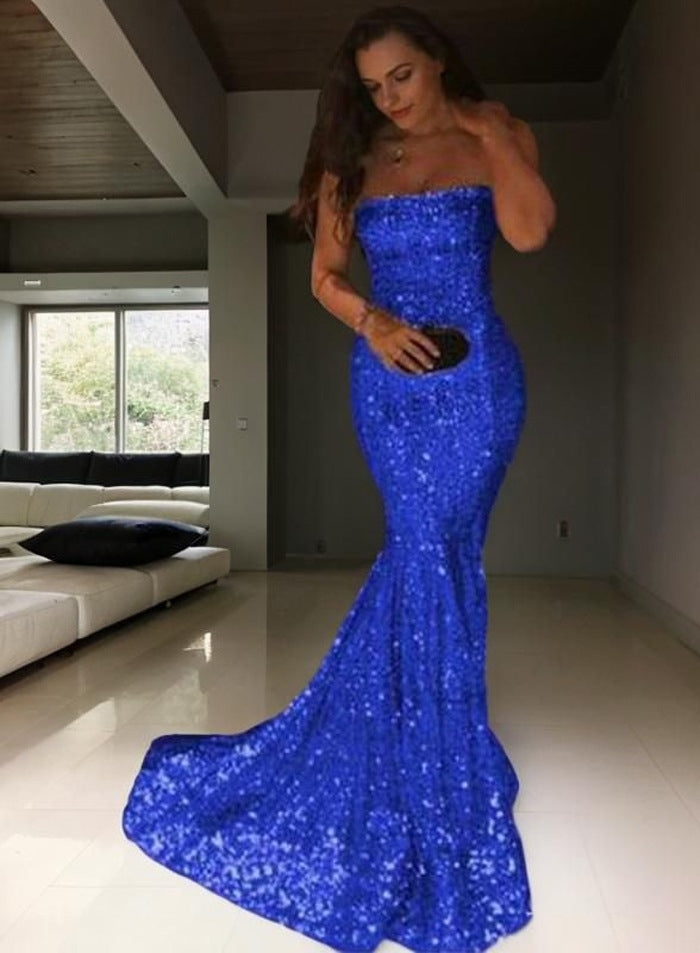 Royal Blue 2027 Gold Sequins Mermaid Prom Dresses