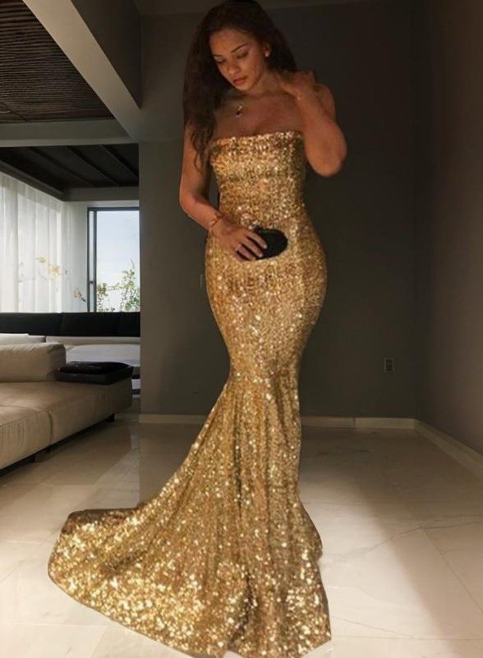 Gold 2027 Gold Sequins Mermaid Prom Dresses