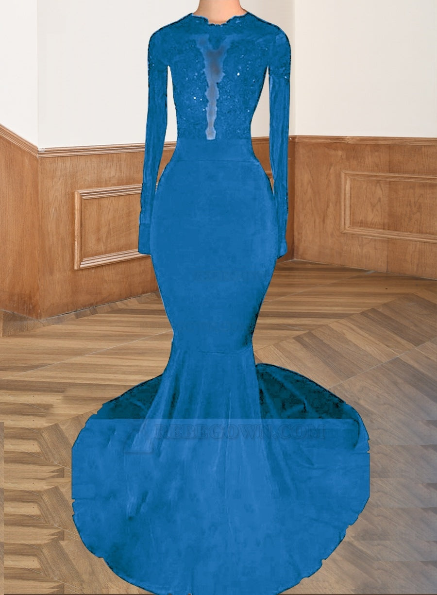 Blue 2027 Black Long Sleeves Mermaid Backless Prom Dresses