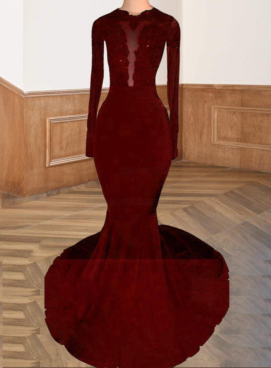 Burgundy 2027 Black Long Sleeves Mermaid Backless Prom Dresses
