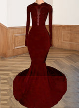 Burgundy 2027 Black Long Sleeves Mermaid Backless Prom Dresses