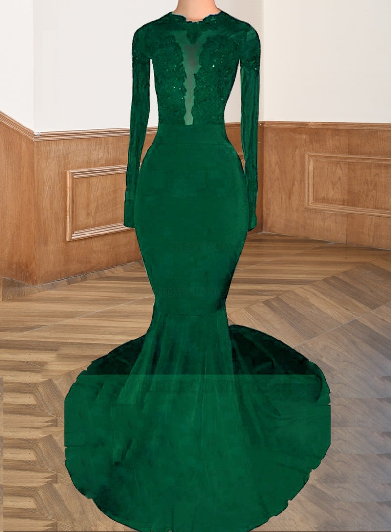 Emerald 2027 Black Long Sleeves Mermaid Backless Prom Dresses