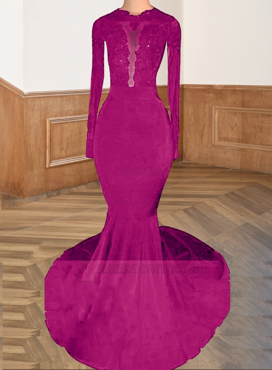 Fuchsia 2027 Black Long Sleeves Mermaid Backless Prom Dresses