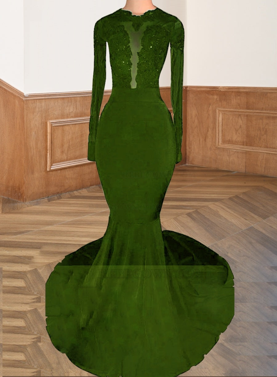 Green 2027 Black Long Sleeves Mermaid Backless Prom Dresses