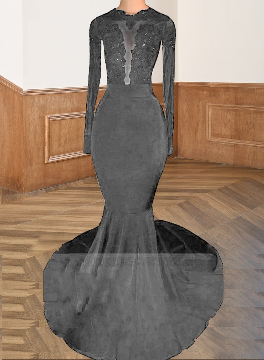 Grey 2027 Black Long Sleeves Mermaid Backless Prom Dresses