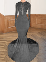 Grey 2027 Black Long Sleeves Mermaid Backless Prom Dresses