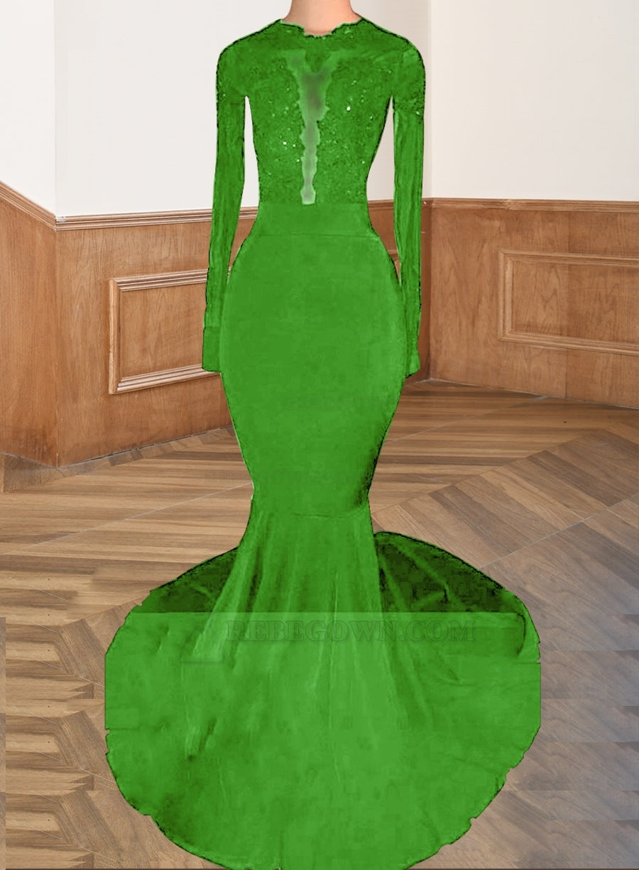 Lime Green 2027 Black Long Sleeves Mermaid Backless Prom Dresses