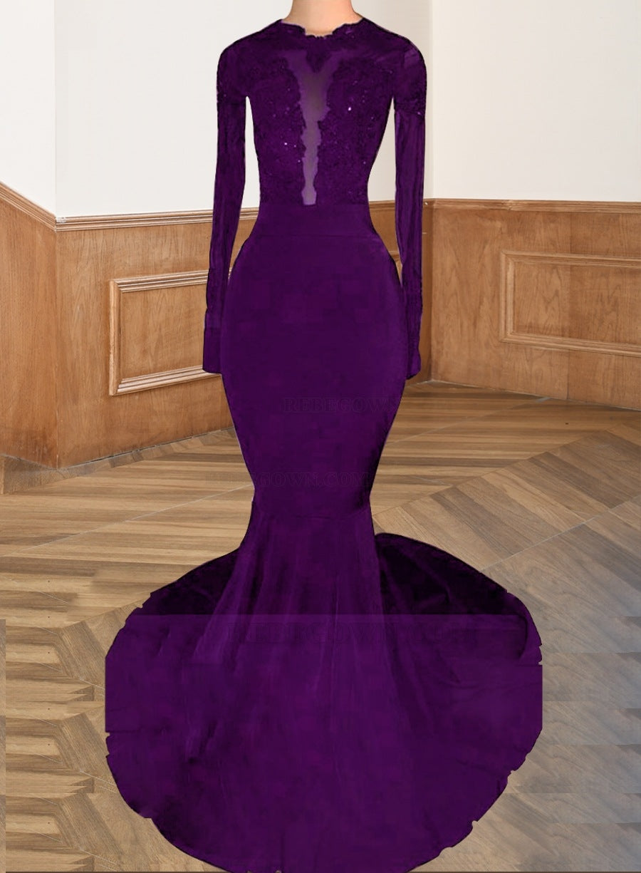 Purple 2027 Black Long Sleeves Mermaid Backless Prom Dresses