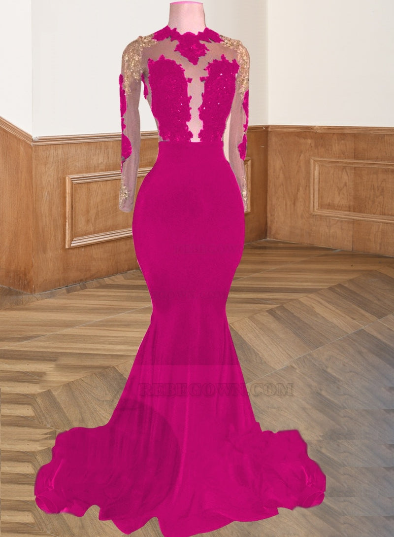 Fuchsia 2027 Black Mermaid Backless Long Sleeves Prom Dresses